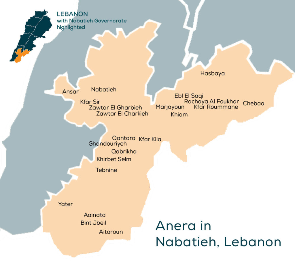 Map of the Nabatieh Governorate in Lebanon with sites where Anera has delivered projects