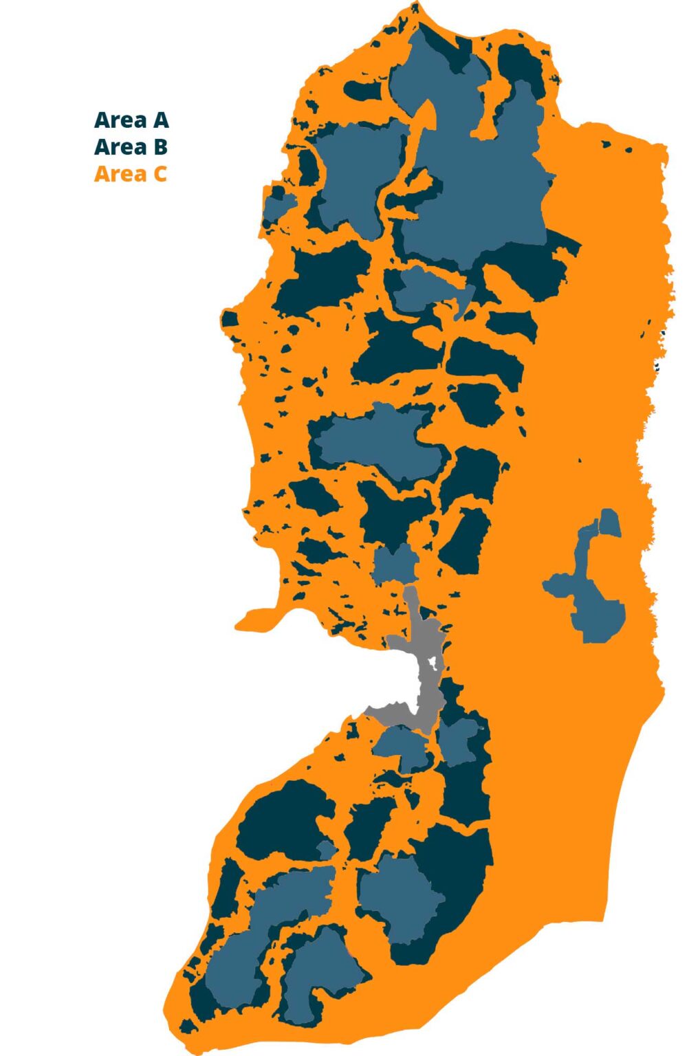 Map of Area A, Area B and Area C of the West Bank