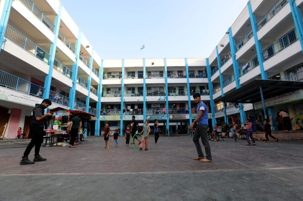 View of UNRWA school in Gaza where displaced families are seeking shelter.