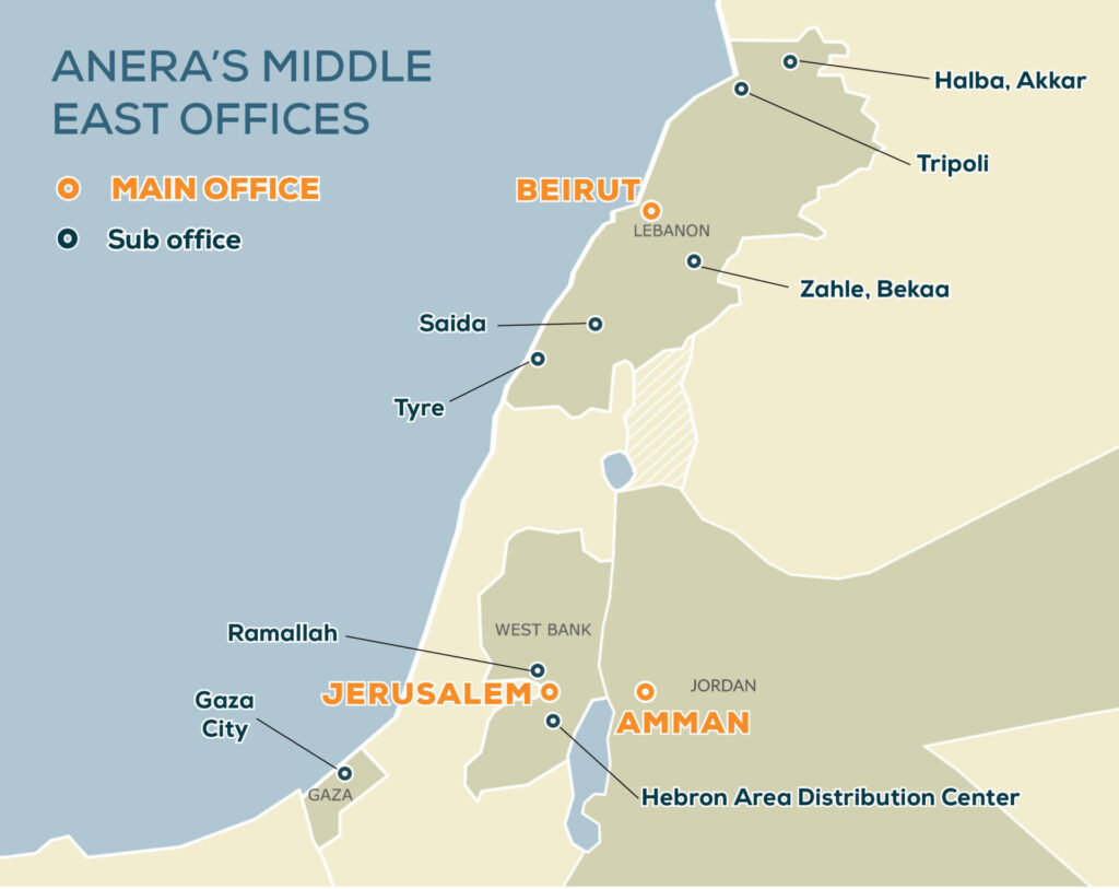 Map of Anera's offices in the Middle East.