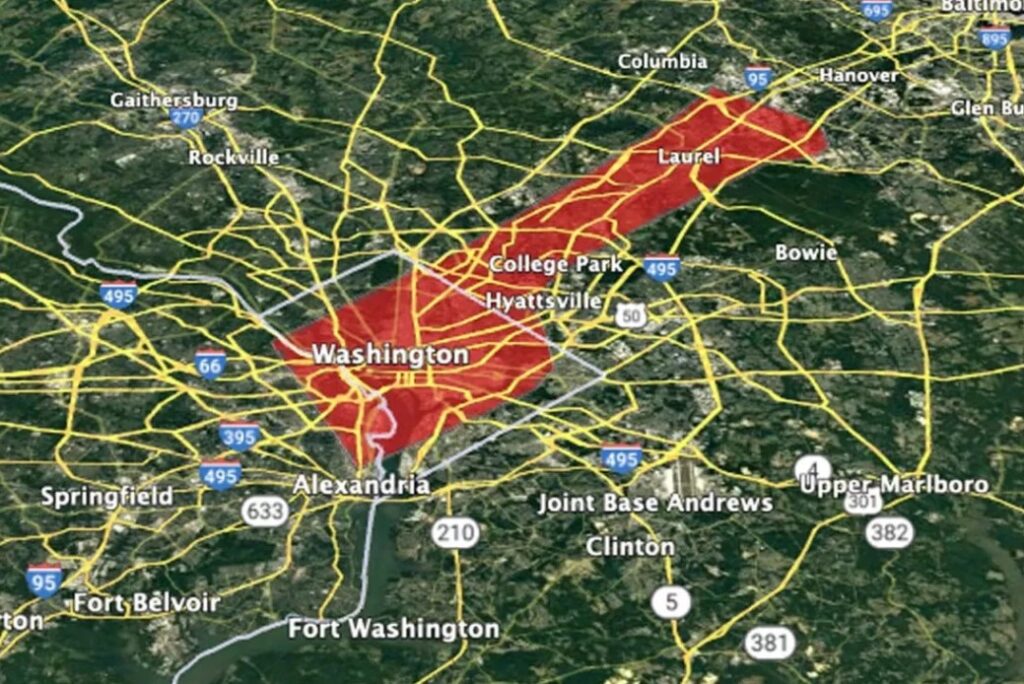 Map of Gaza overlaid on the map of Washington DC