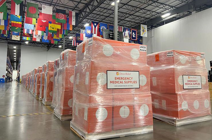 Pallets of medical aid in Direct Relief's warehouse.