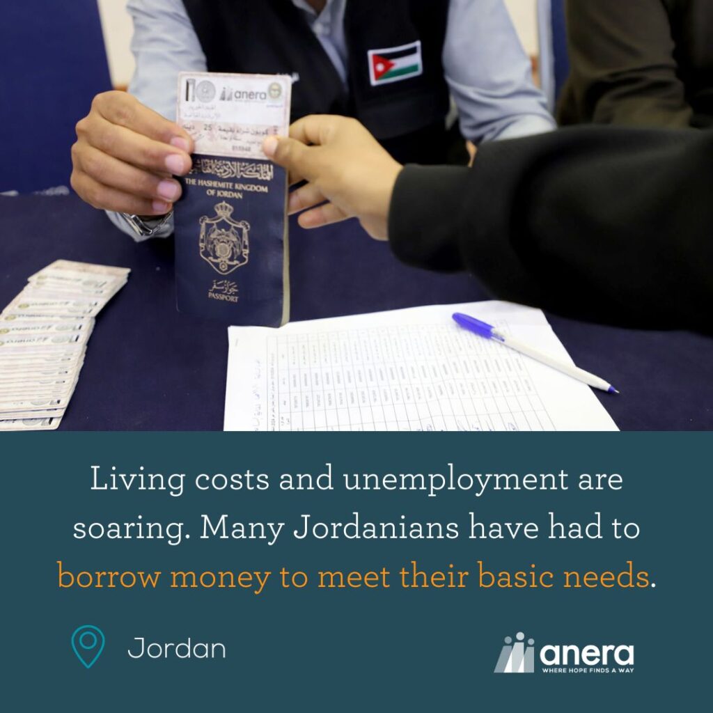 An infographic that says, "Living costs and unemployment are soaring. Many Jordanians have had to borrow money to meet their basic needs."