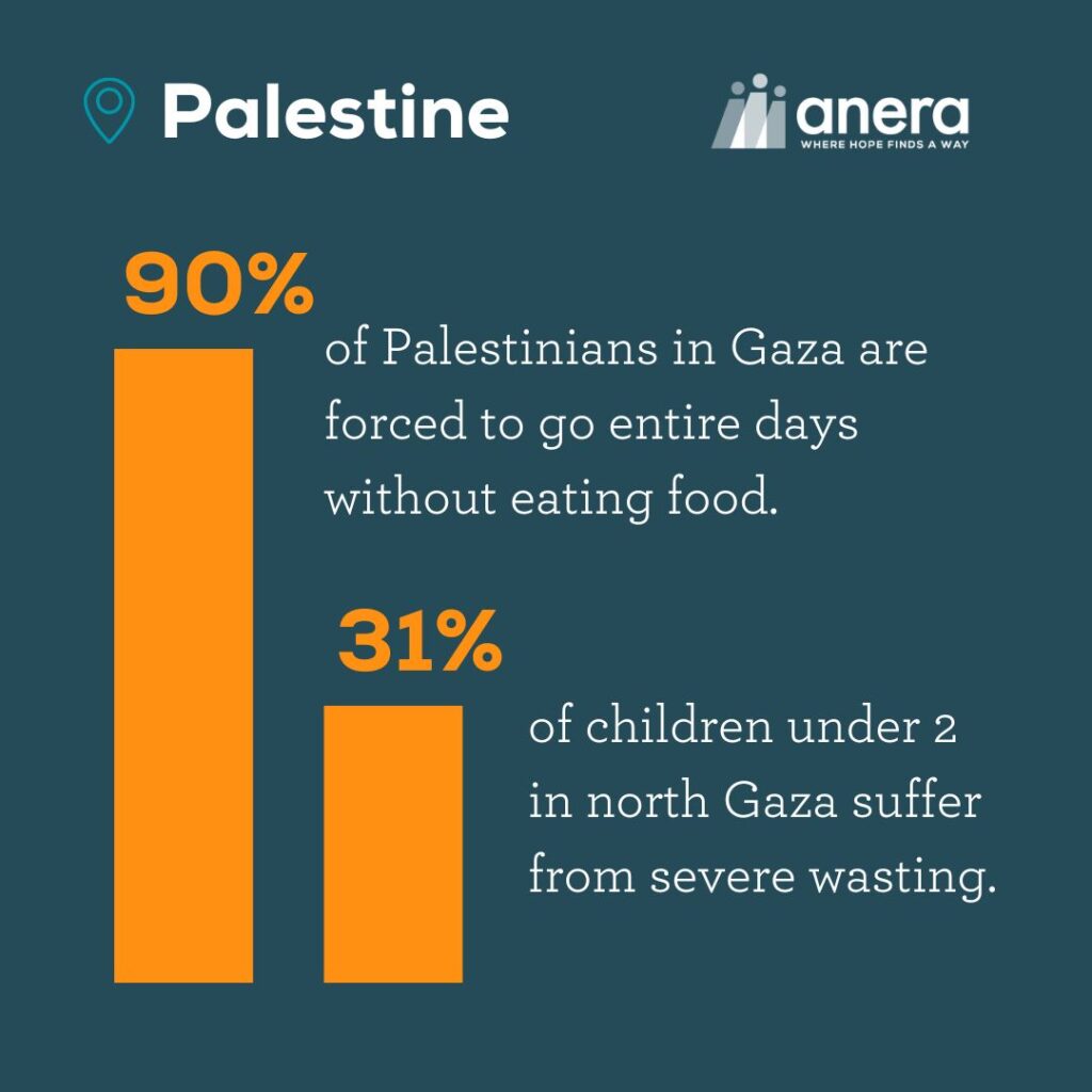 An infographic describing how 90% of Palestinians in Gaza are forced to go entire days without eating food, and, 31% of children under 2 in north Gaza suffer from severe wasting.