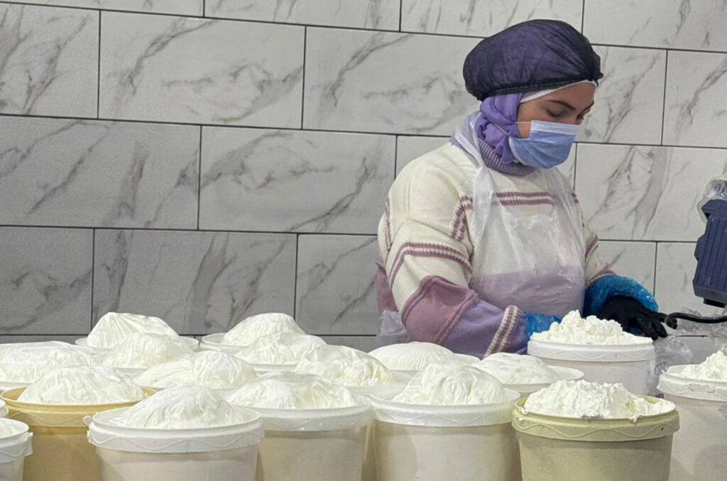 A student works in Anera's dairy production course.