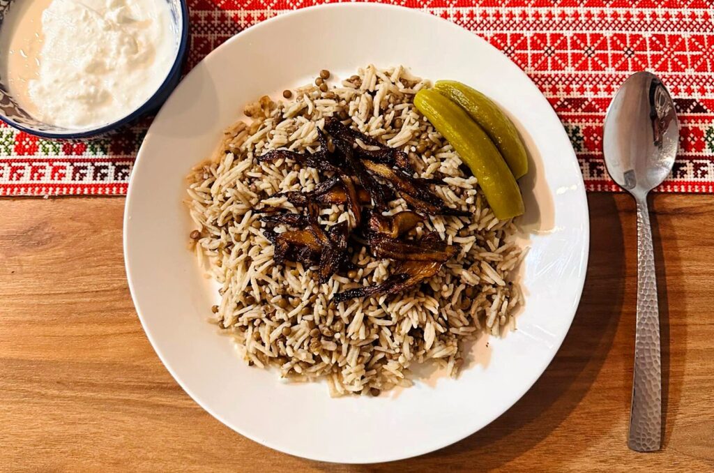 homemade mujadara with a side of yogurt