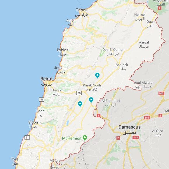 Map of the three communities participating in Anera's recycling program in the Bekaa Valley.