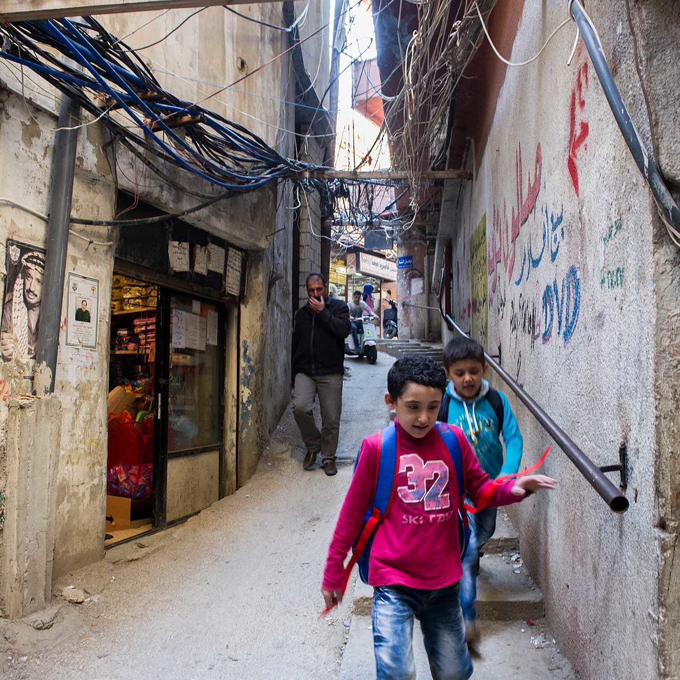 This is a typical “street” in Burj El Barajneh, with unsafe electrical wires exposed.